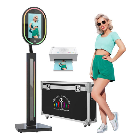 Mirror Photo Booth With Printer And 4K HD Camera, RGB Surround Lighting, portable stand, sample print, and carrying case displayed.