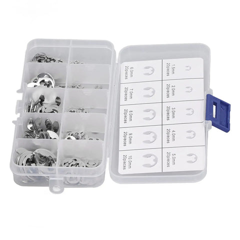 Open box of 200 Piece E Clip Set Stainless Steel External Retaining Rings for Bearings, Pulleys, Gears and Shafts with size labels.
