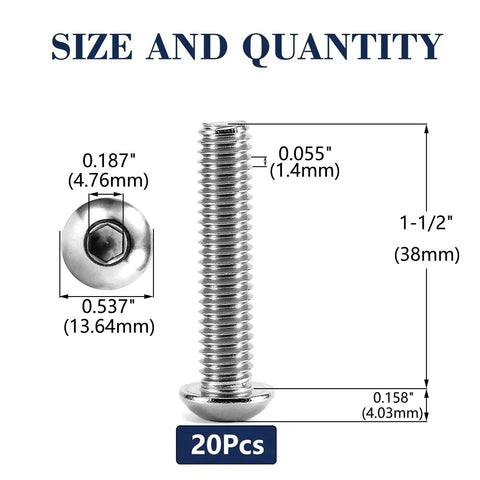 5/16-18 X 1-1/2 Inch Button Head Socket Cap Bolts 20 Count 304 Stainless Steel size chart with measurements displayed.