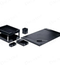 Black Bonded Leather 8-Piece Desk Accessory Set with tray, blotter, and pen stand for executive decor and organization.