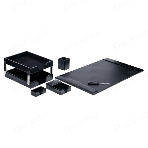 Black Bonded Leather 8-Piece Desk Accessory Set with tray, blotter, and pen stand for executive decor and organization.