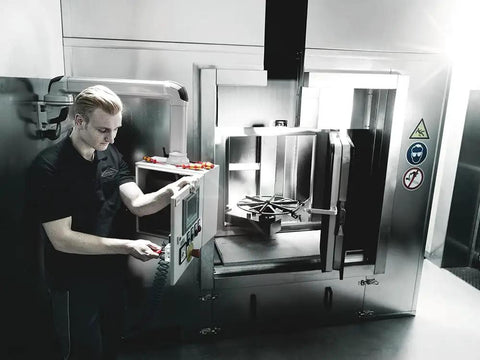 Technician operating industrial equipment with control panel and open chamber.