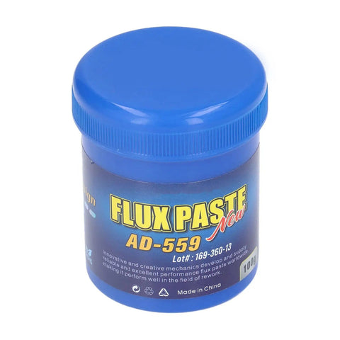 Eco Friendly Solder Paste Flux Cream For Electronics Repair 100g jar with blue lid, white label, ideal for PCB rework.