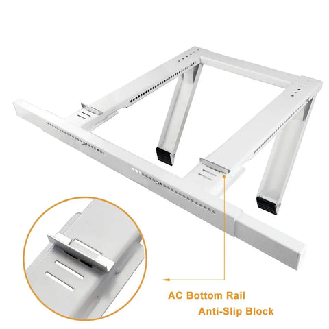 Tool Free No Drilling Window AC Bracket with anti-slip block, heavy duty support up to 200 lbs, adjustable for 22-38 inch windows.