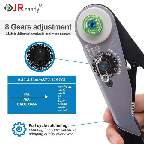 Close-up of 8-gear crimp tool from DT Deutsch Connector Kit 2 3 4 6 Pin With 16 Gauge Solid Contacts for accurate adjustments