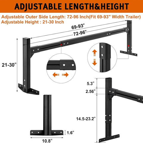 Adjustable Aluminum Trailer Ladder Rack For Open And Enclosed Trailers, 2 Bar Cargo Box Rack With Straps, Extends 5.7Ft To 7.7Ft, Lightweight Yet Heavy Duty, 800Lb Capacity, Durable Powder Coat Finish, dimensions shown