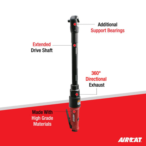 Long Reach 15.3 Inch Pneumatic Ratchet With 200 RPM Speed And 30 Ft Lbs Max Torque One Quarter Inch Drive with labels showing features