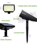 Bright Solar Spotlight Set For Outdoors Waterproof Yard Lights Auto On Off All Night Cold White 6 Pack IP65 ABS Plastic Durable Weatherproof Landscape Lighting With Adjustable Lighting Modes And No Fuss Install For Lawn Path Driveway showing dimensions and components