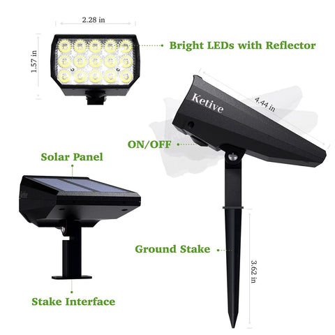 Bright Solar Spotlight Set For Outdoors Waterproof Yard Lights Auto On Off All Night Cold White 6 Pack IP65 ABS Plastic Durable Weatherproof Landscape Lighting With Adjustable Lighting Modes And No Fuss Install For Lawn Path Driveway showing dimensions and components