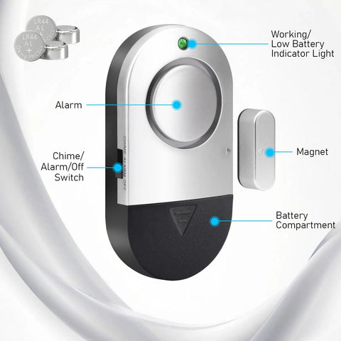 Diagram of Ultra Loud No Brainer 120dB Window And Door Alarm showing parts labeled with chime, switch, magnet, battery compartment.