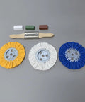 Rock The Finish With This Cool 3 Piece Cloth Polishing Wheel Kit Featuring A Coarse Buffing Agent And Fine Grader Tool Plus Handy Wood Handle Brush For Serious Woodworkers Wanting Sweet Smooth Surfaces. Includes a yellow, white, and blue polishing wheel.