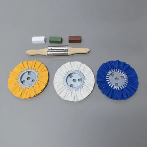 KQFCAZRE 3 Pc Cloth Polishing Wheel Kit with Buffing Agent includes yellow, white, blue buffing wheels and wooden handle brush.
