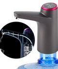 USB Electric Water Bottle Pump With Built In Battery Portable Dispenser dispensing water, attached to bottle, black and blue design.