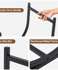 Detailed view of 17 Inch Heavy Duty Firewood Rack Holder For Indoor And Outdoor Use showing carry handle, non-slip mat, and metal frame.
