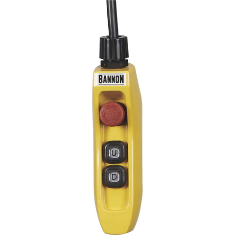 Bannon Compact Electric Cable Hoist 1100 Lb Capacity 95ft Lift yellow remote control switch for safe operation and lifting direction