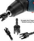 Straight Up Heavy Duty Tapered Plug Cutters Three Piece HSS Set showing drill chuck and three sizes of tapered cutters.