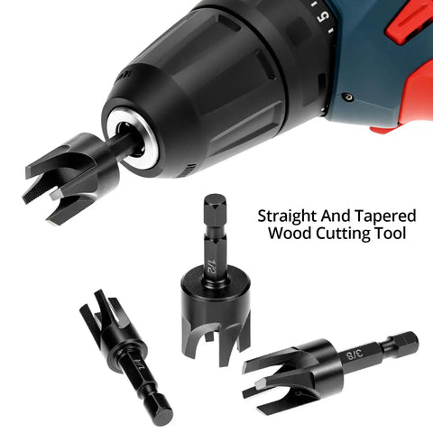 Straight Up Heavy Duty Tapered Plug Cutters Three Piece HSS Set showing drill chuck and three sizes of tapered cutters.