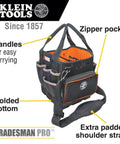 Heavy Duty Tool Bag With Shoulder Strap And 40 Pockets In Bright Orange Interior For Fast Tool Access, Molded Bottom For Stability