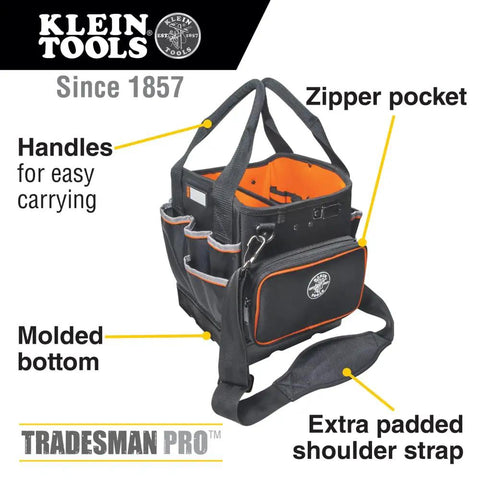 Heavy Duty Tool Bag With Shoulder Strap And 40 Pockets In Bright Orange Interior For Fast Tool Access, Molded Bottom For Stability