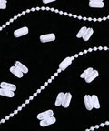 Keep Your Window Blinds Lookin Crisp With These Legit Mini Bead Chain Connectors And Slick Ball Cord Couplers 50 Pack 4.5mm Standard showing white clips and bead chain on black surface.