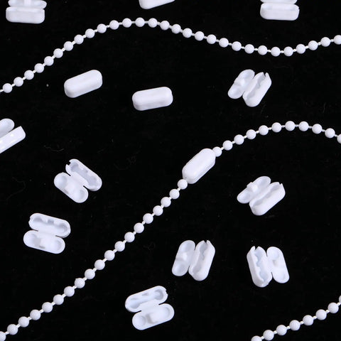 Keep Your Window Blinds Lookin Crisp With These Legit Mini Bead Chain Connectors And Slick Ball Cord Couplers 50 Pack 4.5mm Standard showing white clips and bead chain on black surface.