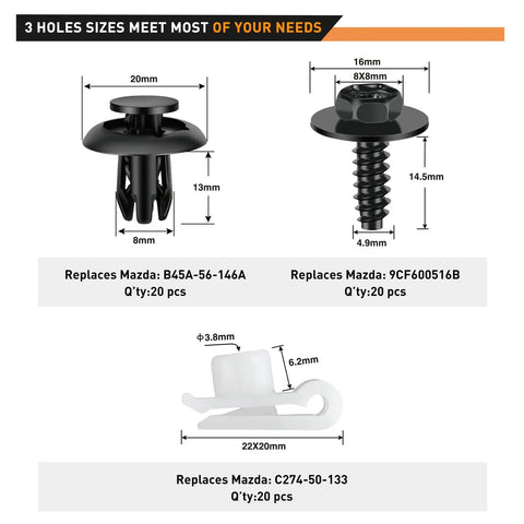 Mazda Front Fender Liner Fastener Kit With 60 Pcs Hex Head Screws Nylon U Nuts And Push Rivet Clips size details and compatibility