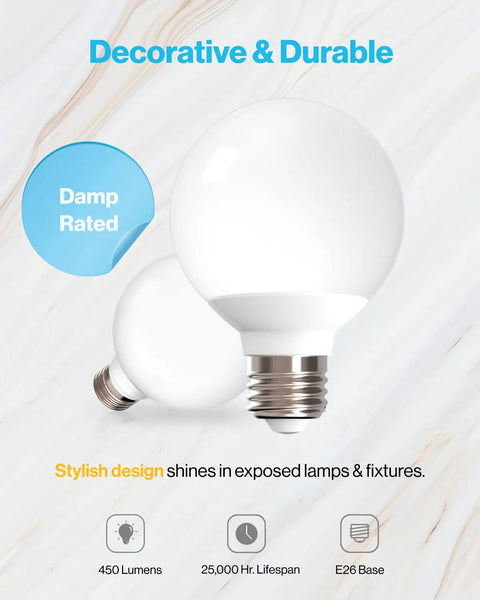 8 Pack G25 LED Globe Bulbs For Bathroom Vanity Lighting, 450 Lumens, 6W, 3000K Warm White, Dimmable, Decorative Round Bulbs, E26 Base