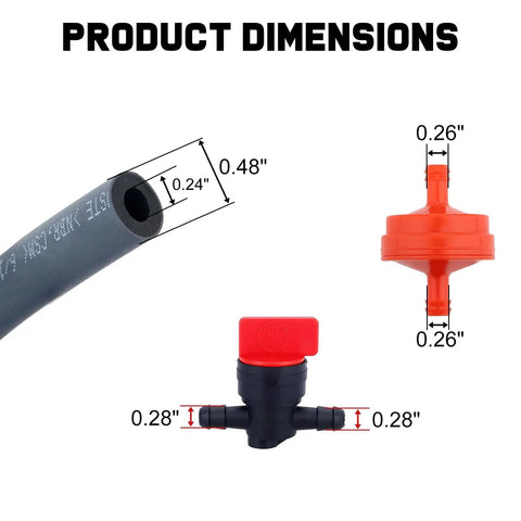 Dimensions of hoses and filters in Carburetor Tune Up Kit for Briggs and Stratton Engines 12HP to 13HP Fits 28D707 28M707.