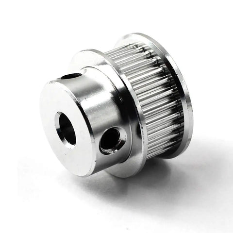 Heavy Duty Aluminum Timing Belt Pulley Featuring 30 Badass Teeth And An 8mm Bore Sized Perfectly For 6mm Width Belts Includes Pack Of 6 Plus Wrench For Hella Smooth 3D Printer Cnc Maker Rig Upgrades, close-up view.