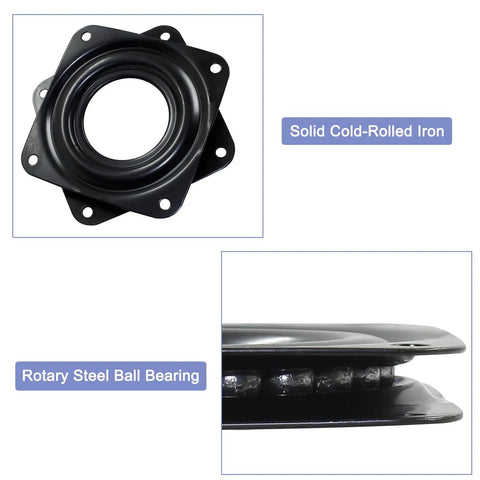 Two Pack Three Inch Square Lazy Susan Turntables With Heavy Duty Steel Ball Bearing Rotating Trays Swivel Plates For Dining Tables Chairs Pantry And Organizer Black showing solid cold-rolled iron and rotary steel ball bearing close-up.