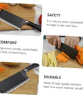 Solustre wavy crinkle slicer knife with black ergonomic handle on a wooden cutting board.
Side view of Solustre wavy chopper knife with stainless steel blade and black handle.
Close-up of stainless steel wavy blade on Solustre chopper knife.
Hands using Solustre wavy crinkle slicer to cut carrots and potatoes on a cutting board.