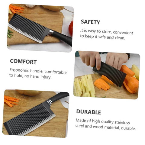 Solustre wavy crinkle slicer knife with black ergonomic handle on a wooden cutting board.
Side view of Solustre wavy chopper knife with stainless steel blade and black handle.
Close-up of stainless steel wavy blade on Solustre chopper knife.
Hands using Solustre wavy crinkle slicer to cut carrots and potatoes on a cutting board.