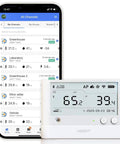 WS1-Pro Smart WiFi Temperature Humidity and Light Monitor with smartphone app interface showing real-time data