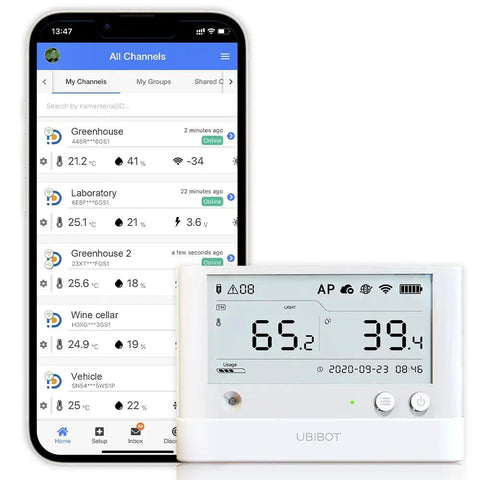 WS1-Pro Smart WiFi Temperature Humidity and Light Monitor with smartphone app interface showing real-time data