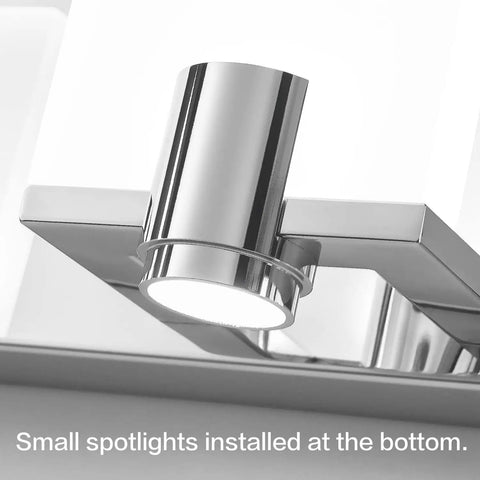 Close-up of 4 Light Sleek Modern Chrome LED Vanity Light Bar For Bathroom Wall Mount, showing spotlights, white acrylic shade