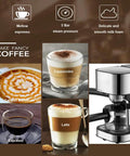 Kickstart Your Daily Grind With This Semi Automatic Espresso Machine Featuring A Five Bar Pressure Pump And Built In Milk Frother For Barista Quality Lattes And Frothy Macchiatos At Home, showcasing cappuccino, latte, and espresso drinks.