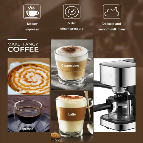 Kickstart Your Daily Grind With This Semi Automatic Espresso Machine Featuring A Five Bar Pressure Pump And Built In Milk Frother For Barista Quality Lattes And Frothy Macchiatos At Home, showcasing cappuccino, latte, and espresso drinks.