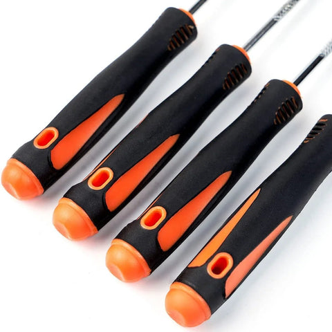 Precision hook and pick tool set with four black-and-orange handles and metal tips
