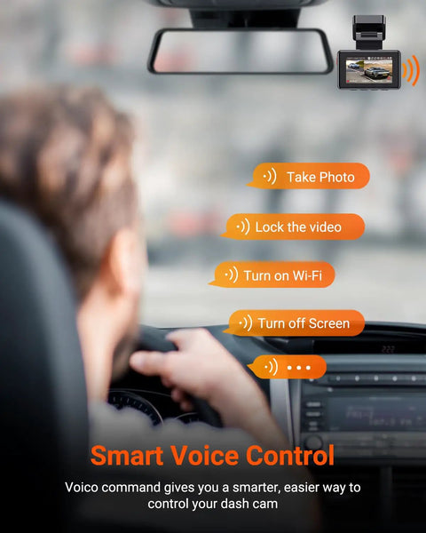 Driver using Dual Front And Rear Dash Cam with 2.7K+2.7K Recording, STARVIS Sensors, voice control prompts and WiFi GPS features.
