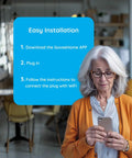 Woman using smartphone for Smart Plug 15A WiFi Bluetooth Outlet Works With Alexa And Google Assistant setup instructions.