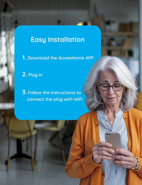Woman using smartphone for Smart Plug 15A WiFi Bluetooth Outlet Works With Alexa And Google Assistant setup instructions.