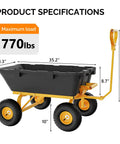 Heavy Duty Dump Cart Wagon specifications with 770lb load, four wheels, 10-inch tires, and quick release dump feature.