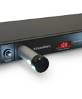 Dope 1U Rack Mount Power Conditioner With Knockout Surge Protection And Slick Noise Filtering Featuring Dual Front Pull Out LED Lights Plus Fast Read Voltage Monitor Display for tight audio gear setup, front view.