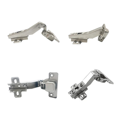 Badass 45 Degree Corner Cabinet Hinge Pack Of 8 With 35 Millimeter Mount Fits 16 To 20 Millimeter Panels showing nickel plated cabinet hinges.