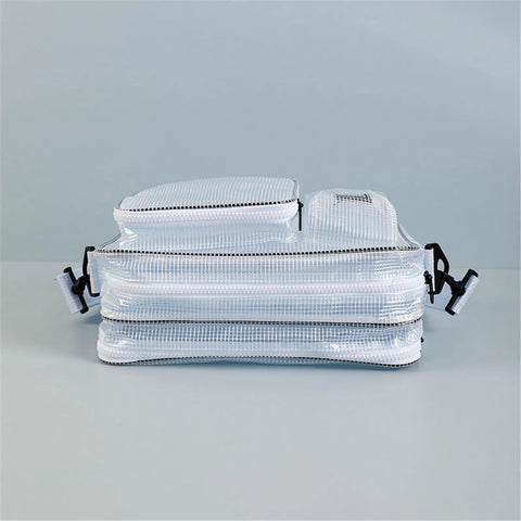 Slick Clear PVC Crossbody Bag Built Tough For Cleanroom Sites with multiple zippered compartments, designed for tech professionals.