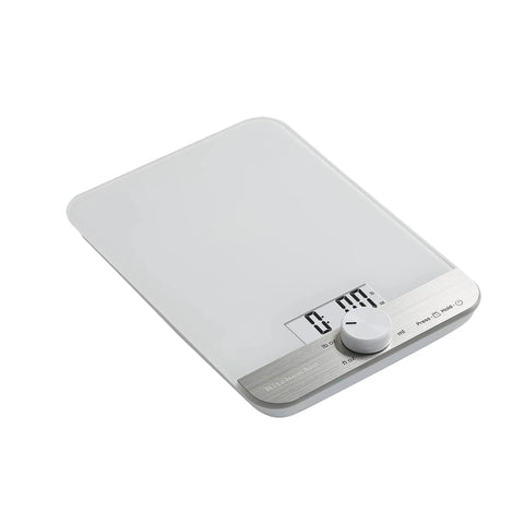 Glass Surface Digital Kitchen Scale With 11 Pound Capacity, White Finish, Precise Measurements In Grams, Milliliters, And Ounces