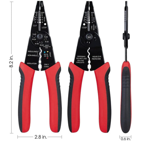 8 Inch Multi Tool Wire Stripper Crimper And Bolt Cutter For Electricians Long Nose Pliers front and side view.