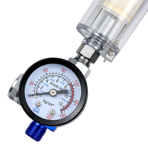 Professional Spray Gun Pressure Regulator Featuring A No Nonsense Oil Water Separator Filter To Keep Damp Moisture Out and Guarantee A Straight Up Slick Finish On Every Detail Job with pressure gauge and connector.