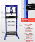 12 Ton Hydraulic Shop Press With H Frame Bearing And Adjustable Height Heavy Duty Workstation features adjustable 8-hole worktable dimensions.