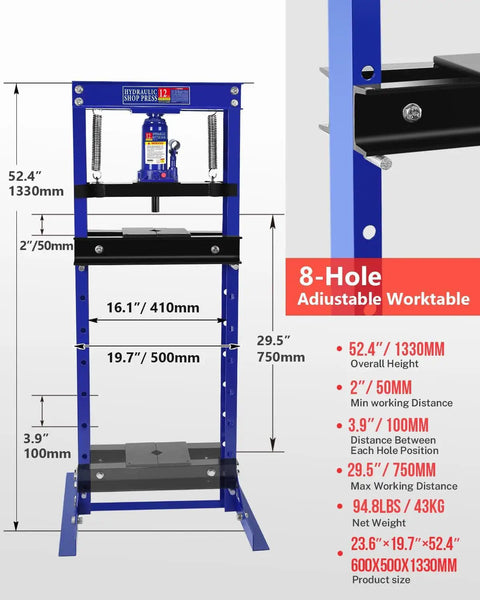12 Ton Hydraulic Shop Press With H Frame Bearing And Adjustable Height Heavy Duty Workstation features adjustable 8-hole worktable dimensions.